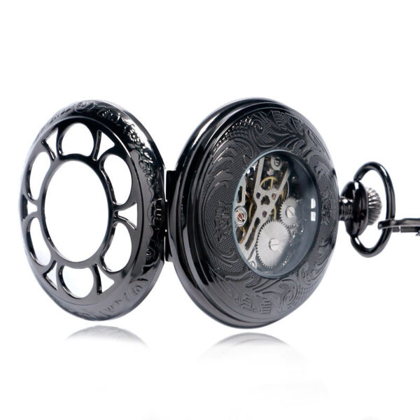 Wholesale Vintage Fashion Tungsten Steel Gun Black Petal Blue Face Mechanical Pocket Watch Flip Hollow Pocket Watch Hot Selling Men's and Women's Hanging Watch