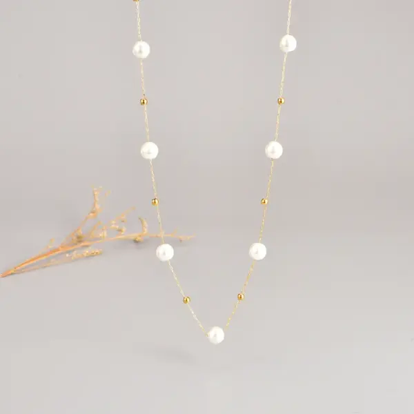 Wholesale 304 Stainless Steel Round PVD Coated Artificial Pearls 18K Real Gold Plated Elegant Waterproof Non Tarnish Beaded Necklace