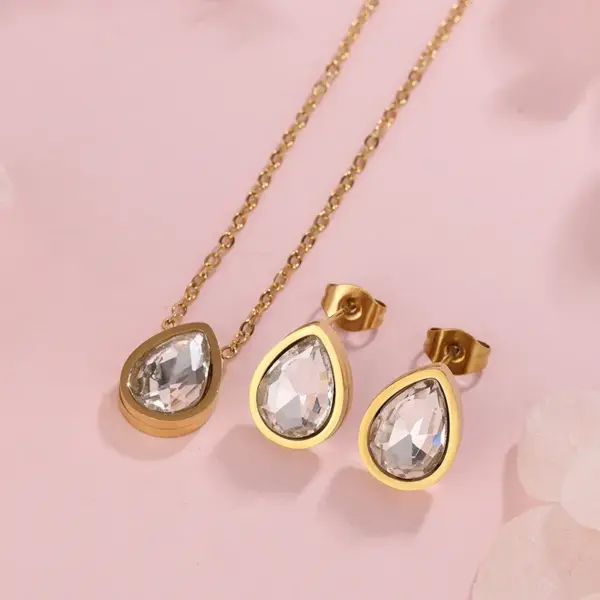 304 Stainless Steel Glass Water oplets Ion Plating (IP) Artificial Rhinestones 18K Gold Plated Sweet Simple Style Waterproof Non Tarnish Inlay Regular Chain Multicolor-Golden Yellow Jewelry Set