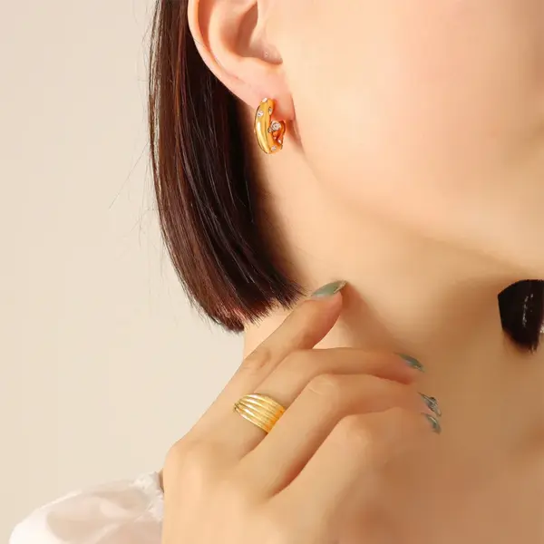 oly-fc85666f6e978572ce154045dca7f067 Wholesale PVD Coated Real Gold Plated 18K Gold Printing 304 Stainless Steel Fashion Waterproof Non Tarnish Earrings