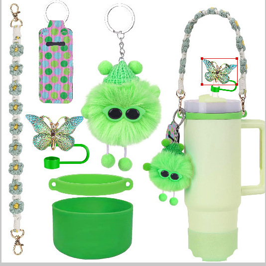 Wholesale Stanley Cup Pendant Small Coal Ball Elf Plush Pendant Ins Net Red Butterfly Straw Cap Cup Set Cup Chain Accessories