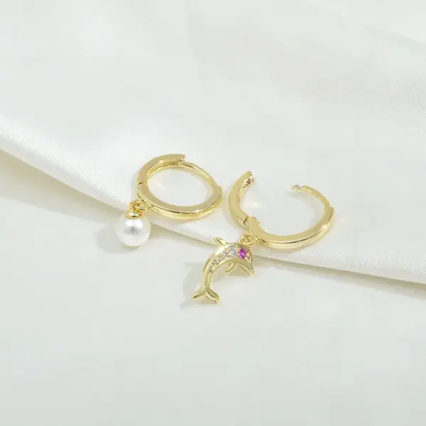 Wholesale Fashion Star Dolphin Copper Drop Earrings Asymmetrical Inlay Pearl Zircon Copper Earrings 3 Pairs