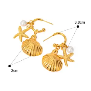 【XKE0193】Starfish Shell Pearl Earrings / Gold