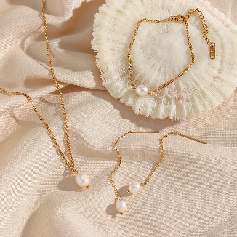 Wholesale Women'S 304 Stainless Steel PVD Coated 18K Gold Plated Pearl Plating Solid Color Bracelets Earrings Necklace Imitation Pearl Jewelry
