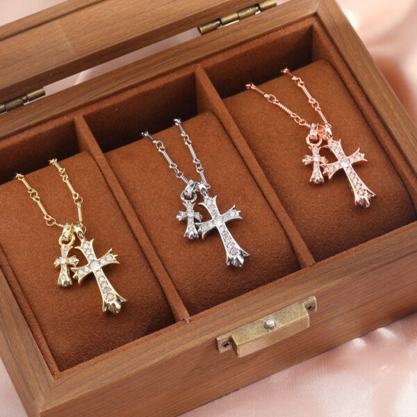 Wholesale Crow Heart Cross Necklace Women's Retro Double Cross Cross-Border European and American Couple Full Diamond Men's and Women's Double Pendant Jewelry