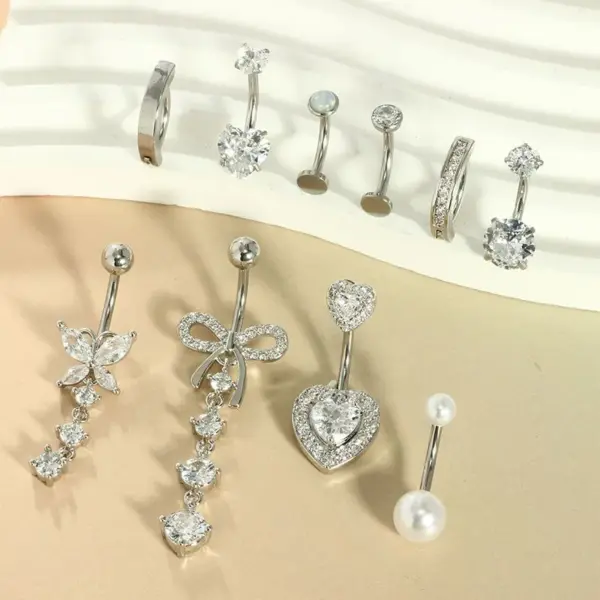 Wholesale Factory Direct Sales 10-Piece Pink Series Peach Heart Navel Ring Navel Stud Butterfly Navel Buckle Piercing Jewelry