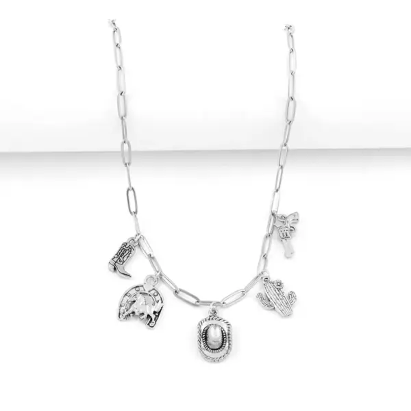 Wholesale Retro Western Cowboy Boot Gun Locket Necklace For Women Stainless Steel Cactus Horse Head Multi-Pendent Lobster Clasp Chain