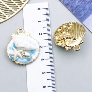 1 light blue gold sprinkled pearl starfish conch 27.5x24x10mm-4.3g-23572 / Monet garden oil painting style three-dimensional pendant