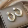 Copper C Shape Electroplated Pearl KC Golden Plated Casual Elegant Plating Inlay Apricot White Ear Studs