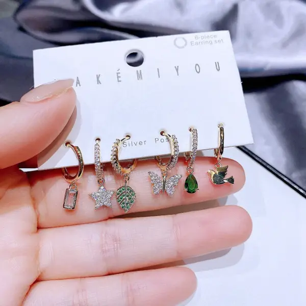 Copper 14K Gold Plated Cute Commute Inlay Pentagram Butterfly Bird Zircon Drop Earrings