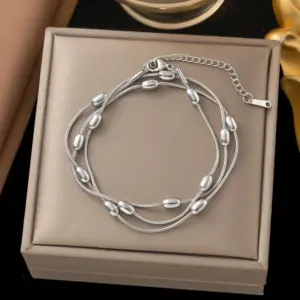Ae71 Oval Bead Snake Chain Bracelet / Steel Color