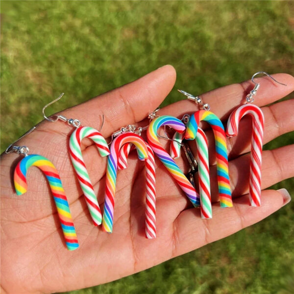 Wholesale Large Candy Cane Christmas Colorful Stripesd Rainbow Candy Pendant Earrings