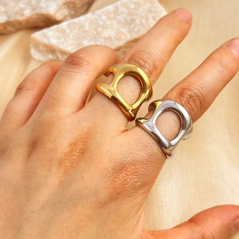 Wholesale PVD Coated Real Gold Plated 18K Gold Geometric 304 Stainless Steel Retro Simple Style Waterproof Non Tarnish Open Rings
