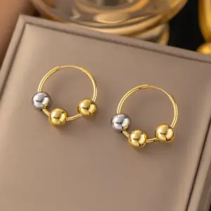 【G265】Two-Color Bead Earrings Gold Steel