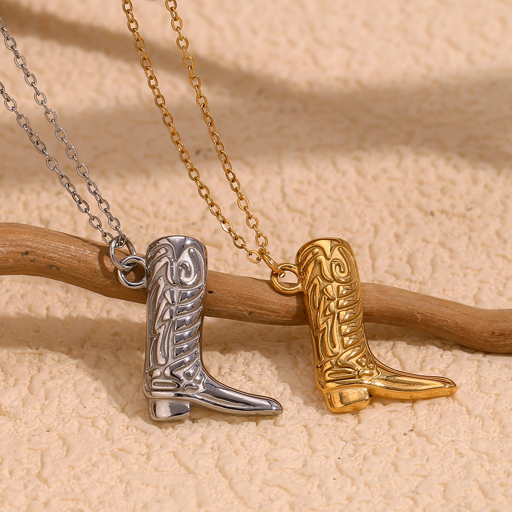 Wholesale European and American Ins Fashion Elegant Personality Creative Pendant Stainless Steel Plated 18K Gold Western Cowboy Boots Pendant Necklace