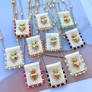 Wholesale Casual Vacation Cross Heart Shape 18K Gold Plated Glass Bead Polyester Copper Bead Box Chain Pendant Necklaces Wholesale