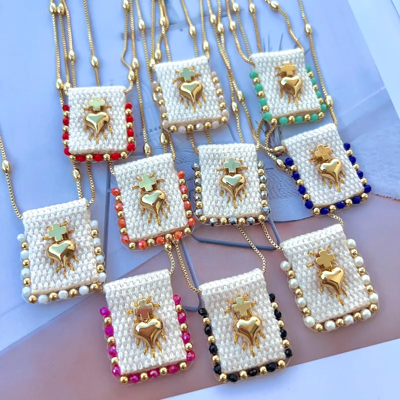 Wholesale Casual Vacation Cross Heart Shape 18K Gold Plated Glass Bead Polyester Copper Bead Box Chain Pendant Necklaces Wholesale
