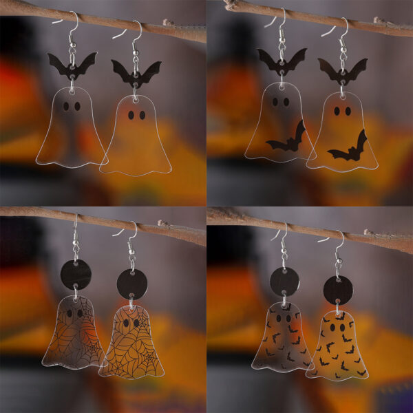 Wholesale Cross-Border New Halloween Bat Ghost Splicing Pendant Earrings Acrylic Double-Sided Earrings Halloween Earrings
