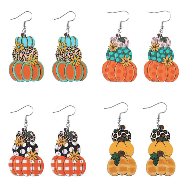 oly-fdae7e77ad1ae5fc2adc386da70272a3 Wholesale Cross-border New Thanksgiving Autumn Harvest Wave Plaid Pumpkin Flower Pendant Earrings Wooden Double-sided Earrings