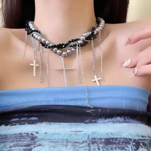oly-fdc1355f0518592e05eb8c790f6c079d Wholesale Sweet Cool Spice Multi-layer Imitation Pearl Chain Winding Long and Short Tassel Cross Pendant Necklace Women's European and American Elegant Necklace