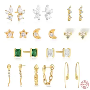 Wholesale 1 Pair 925 Sterling Silver Zircon Star Moon Snake Ear Studs