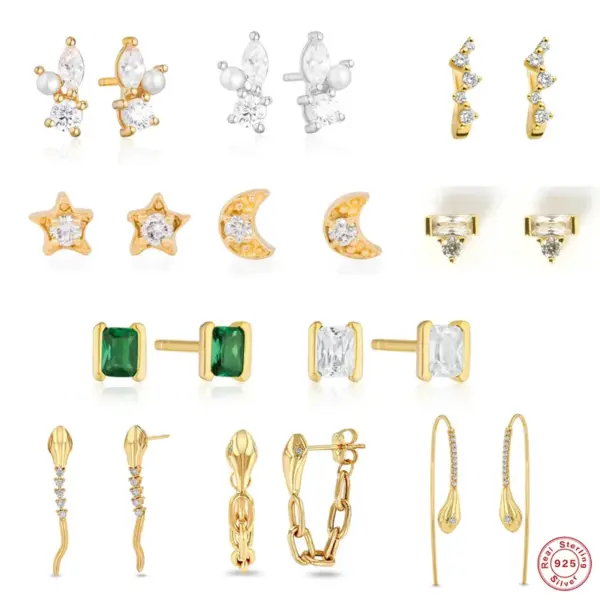 Wholesale 1 Pair 925 Sterling Silver Zircon Star Moon Snake Ear Studs