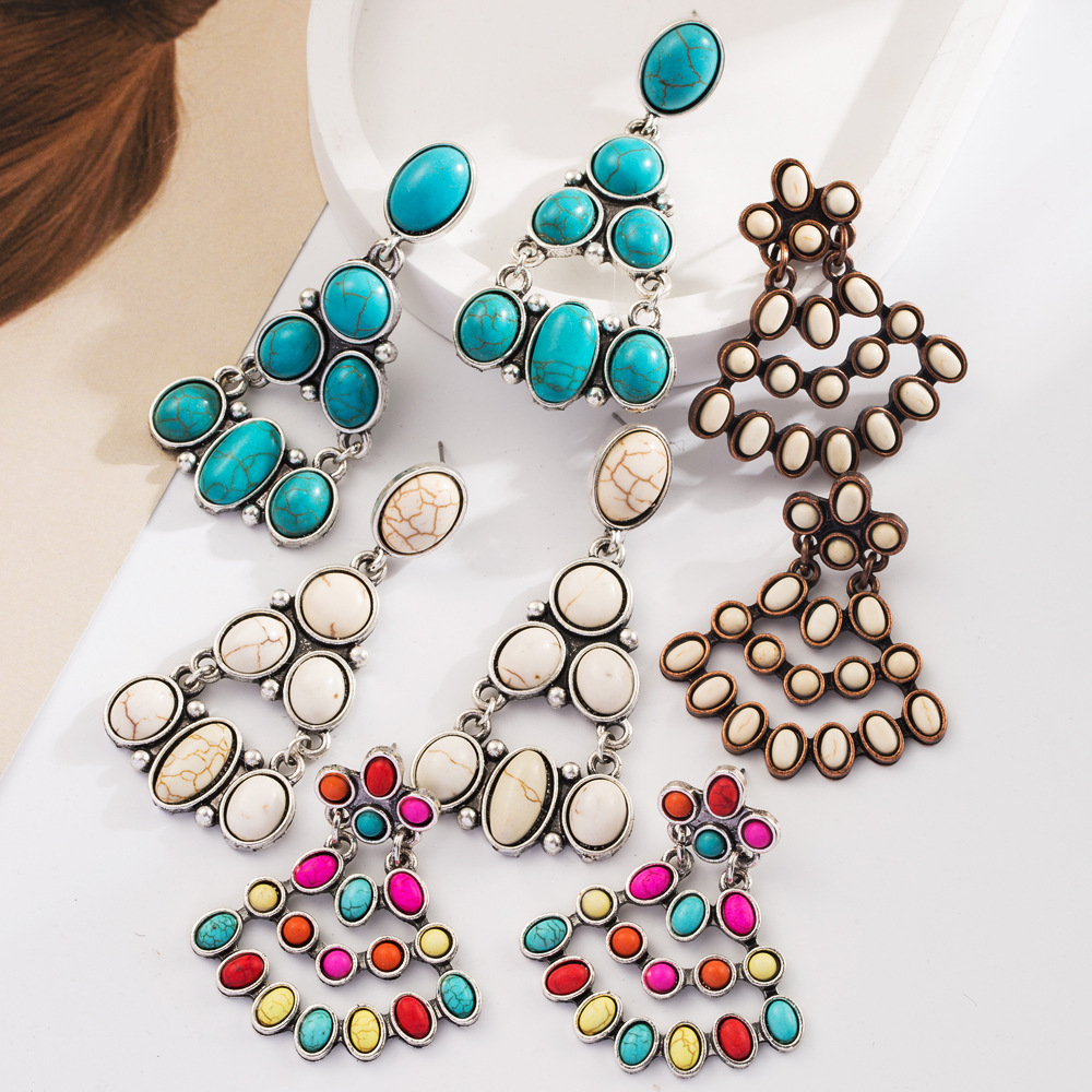 Wholesale Cross-border explosions independent station exaerated turquoise earrings retro fashion new geometric multi-layer long earrings