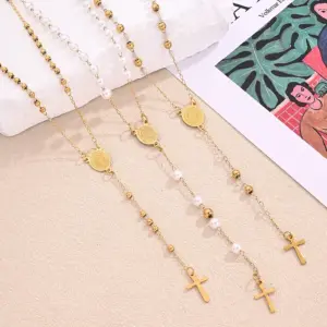 Wholesale Jewelry Classical Vintage Style Cross Virgin Mary Pearl 304 Stainless Steel 18K Gold Plated Beaded Handmade Polishing Necklace
