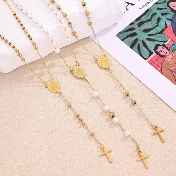 Wholesale Jewelry Classical Vintage Style Cross Virgin Mary Pearl 304 Stainless Steel 18K Gold Plated Beaded Handmade Polishing Necklace