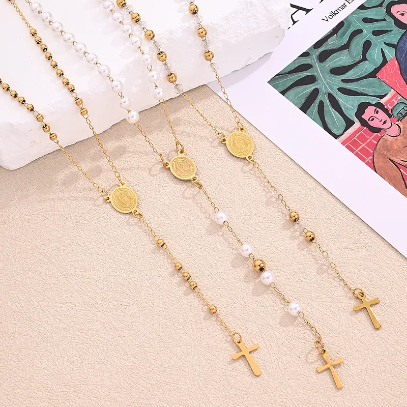 Wholesale Jewelry Classical Vintage Style Cross Virgin Mary Pearl 304 Stainless Steel 18K Gold Plated Beaded Handmade lishing Necklace