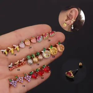 316L Stainless Steel Copper Zircon Ear Cartilage Rings & Studs Fruit Waterproof Non Tarnish Surgical Steel Women'S