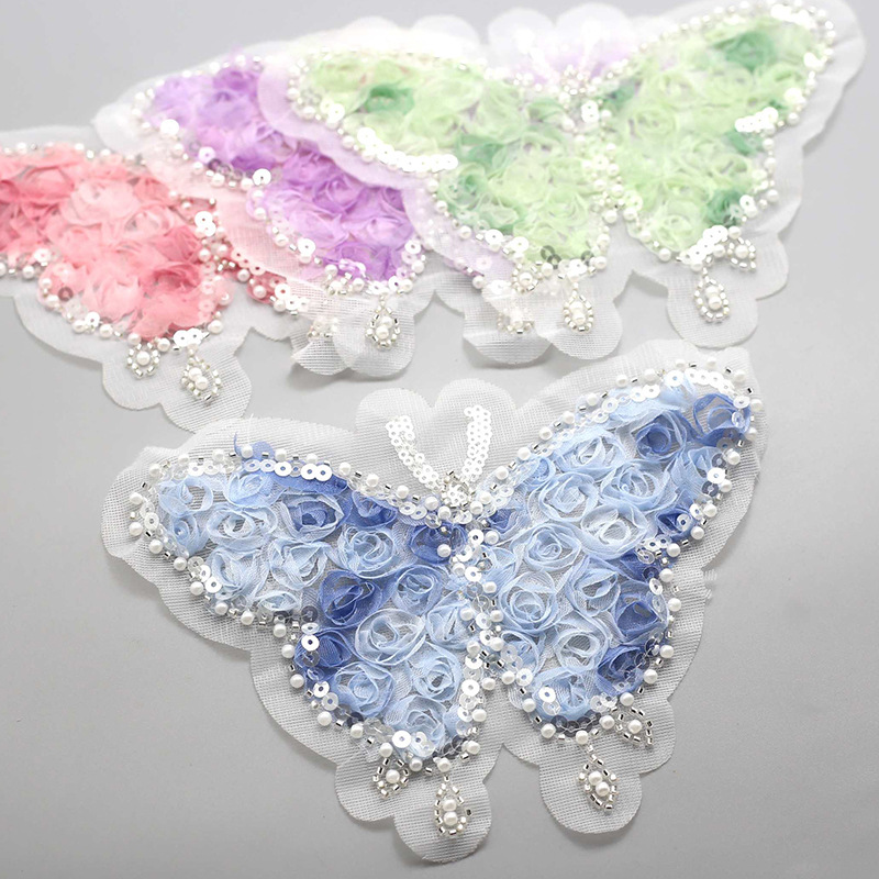Wholesale Color Flower Butterfly Cloth Sticker Rust Bead Patch Embroidery Cloth Sticker Clothing Bag Decorative Cloth Sticker DIY Aessories Hand Sewin