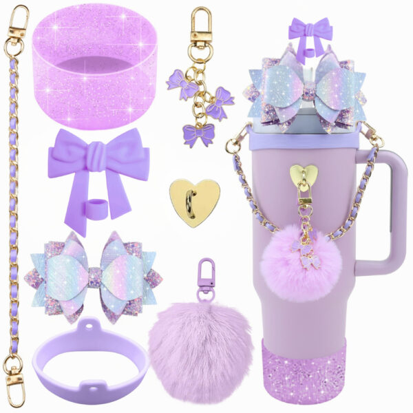 Wholesale stanley Cup Handheld Rope Silicone Cup Cover Straw Cap Bow Hanging Colorful Fluffy Ball Cup Chain Party Suit