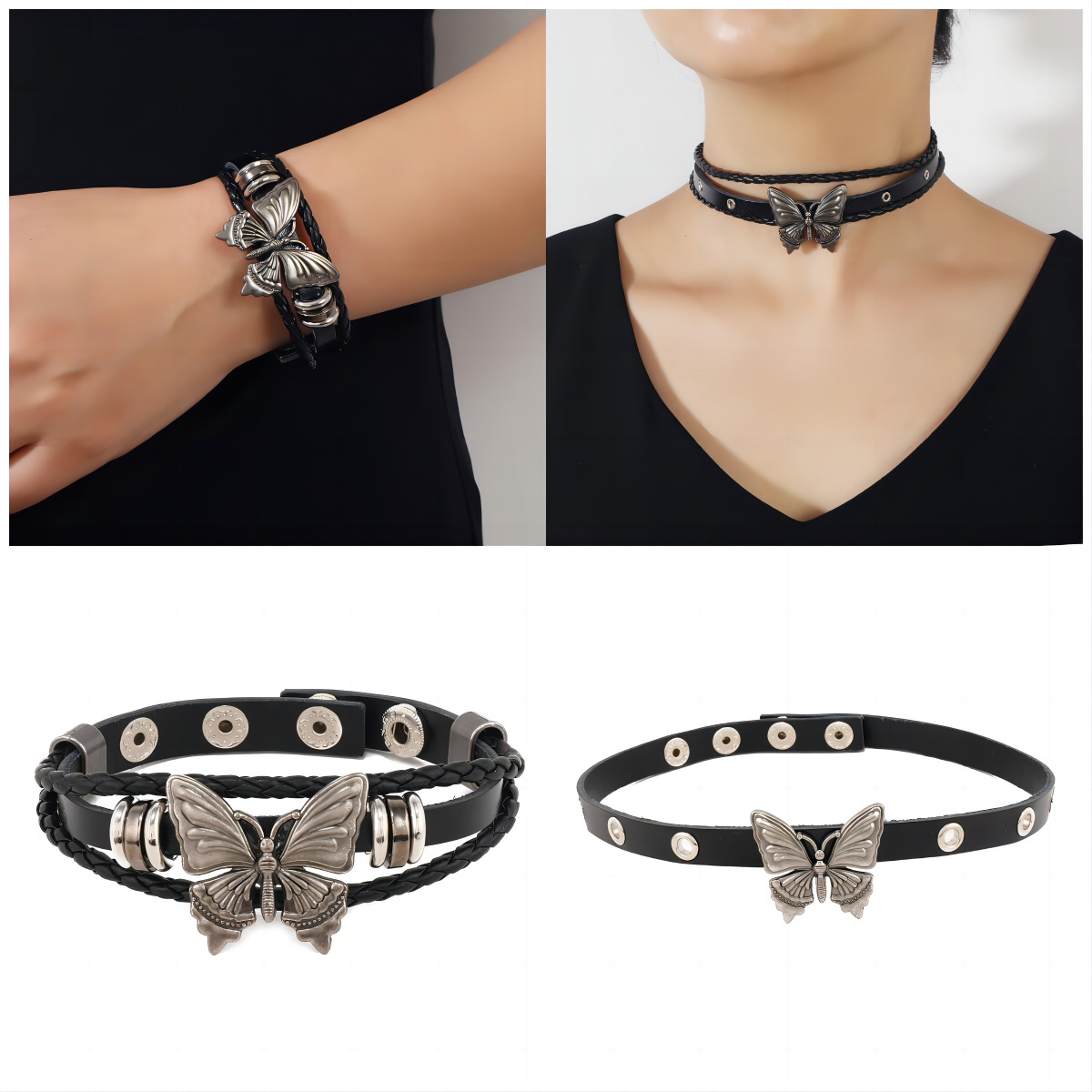 Wholesale New Retro Butterfly Style Rivet Leather pular Punk Style Leather Bracelet