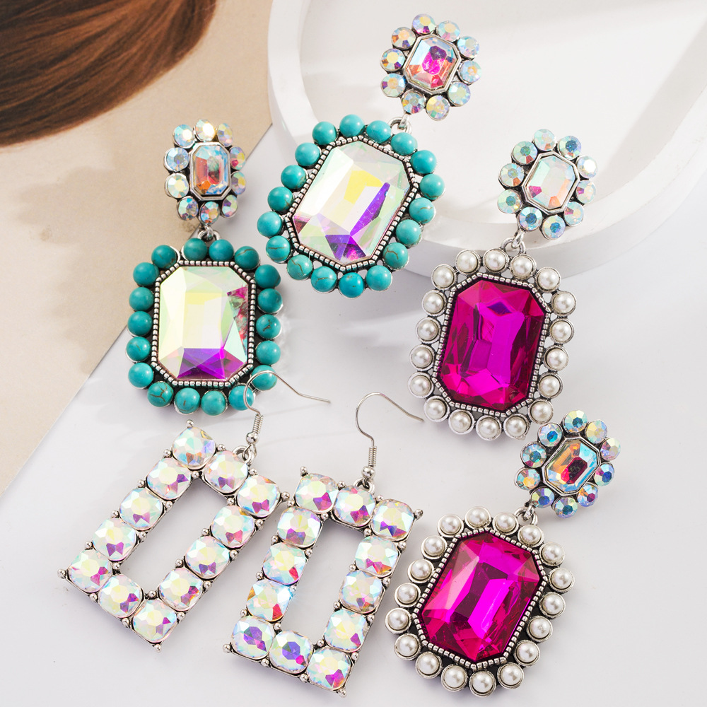 Wholesale European and American colored diamond exaerated bohemian earrings women inlaid pearl turquoise fashion shiny earrings cross-border sply