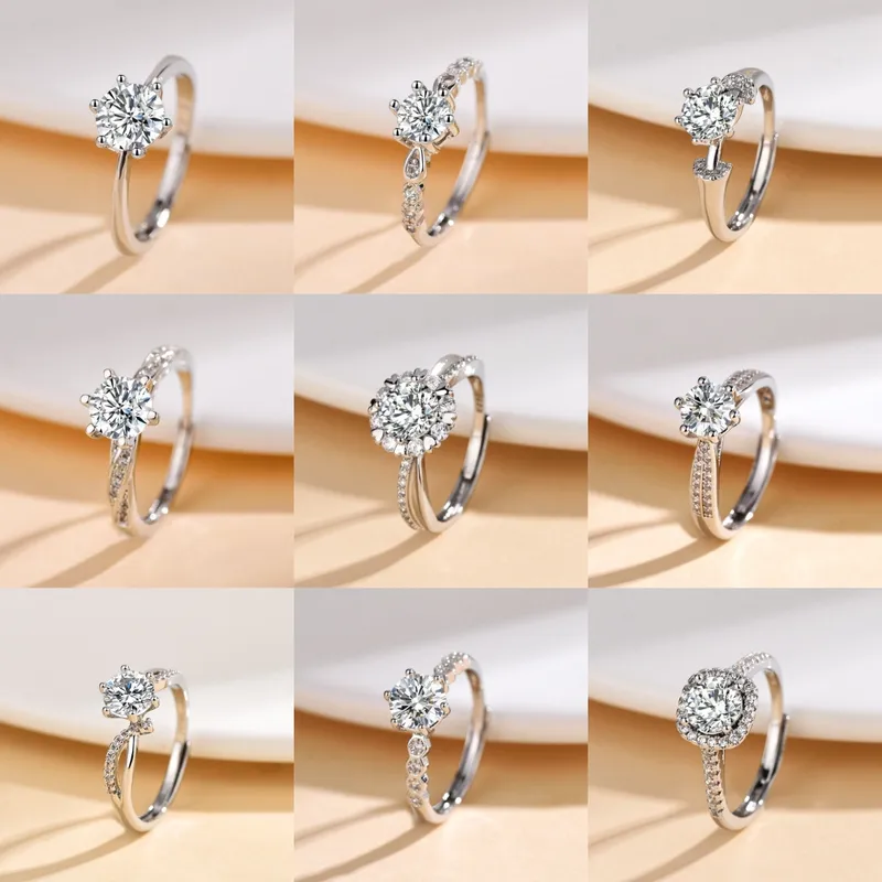 Wholesale Popular Simulated Moissanite Ring For Women Six-Prong One Carat Wedding Jewelry Simple Geometry