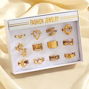 Ion Plating (IP) 18K Gold Plated Leaves Heart Shape Lines 304 Stainless Steel Cute Retro Simple Style Waterproof Non Tarnish Rings