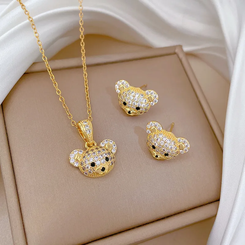 Wholesale Jewelry Cute Simple Style Commute Little Bear Titanium Steel Copper Zircon Gold Plated Inlay Cable Chain Jewelry Set