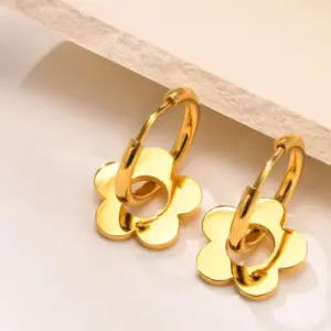 Wholesale 304 Stainless Steel Flower PVD Coated 18K Real Gold Plated 18K Gold Fashion Waterproof Non Tarnish Gold Plated Gold Drop Earrings