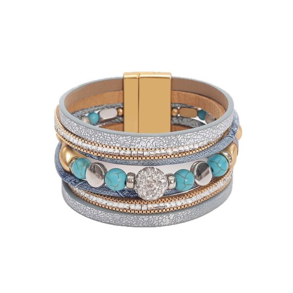 Wholesale Cross-border fashion hardware beaded copper tube women's PU leather bracelet, personalized retro multi-layer magnetic buckle leather bangle