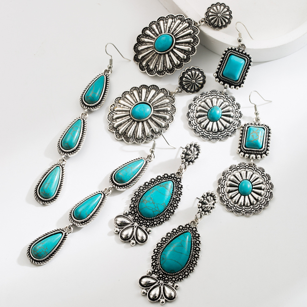 Wholesale Amazon Hot Selling European and American Bohemian Holiday Style Inlaid Turquoise Water op Earrings Fashion Creative Exaerated Earrings
