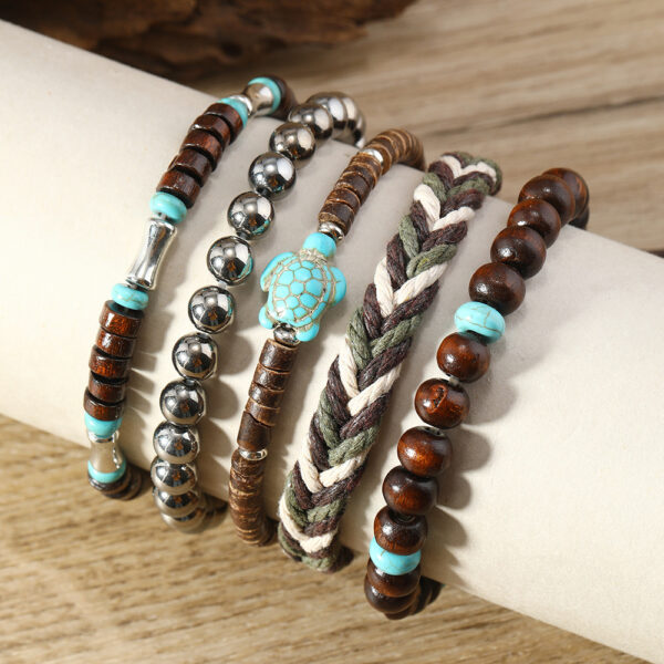 Wholesale Turquoise Turtle Retro Wooden Beads Wax Rope 5-Piece Braided Bracelet Set
