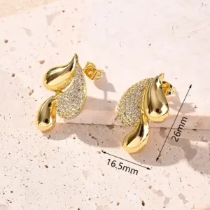 White Zircon Light Gold Stitching Water Drop Gold Earrings [26x16.5mm (Needle Thickness:0.8mm)] / 1 Pair/Package