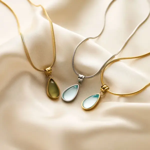 Wholesale Titanium Steel Water Drop Natural Stone Pendant 18K Gold Stainless Steel Blue Ocean Necklace Clavicle Chain Snake Bone Chain Necklace