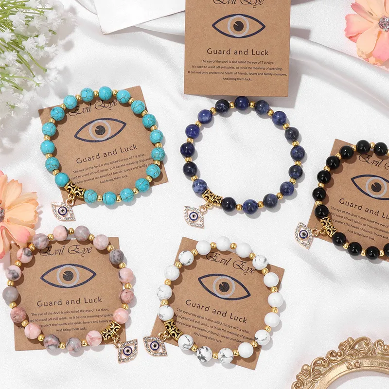 Wholesale Retro Ethnic Style Devil'S Eye Alloy Natural Stone Elastic String Woven Chain Bracelets In Bulk