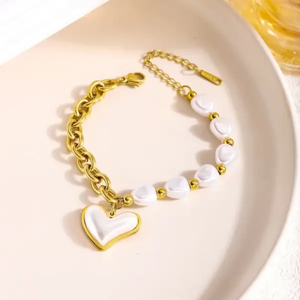 304 Stainless Steel Plastic Heart Shape Ion Plating (IP) 18K Gold Plated Elegant Waterproof Non Tarnish Beaded Pearl Regular Chain Gold Bracelets Necklace Jewelry Set
