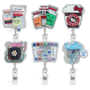 Wholesale Medical and nursing glitter liquid quicksand oil acrylic badge retractable easy pull buckle
