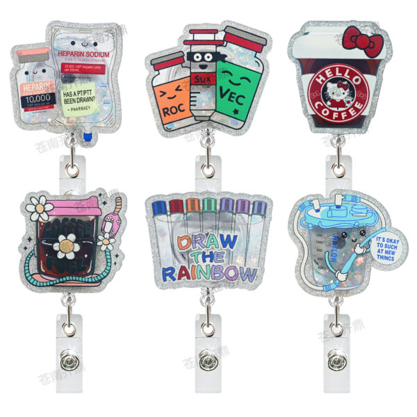 Wholesale Medical and nursing glitter liquid quicksand oil acrylic badge retractable easy pull buckle
