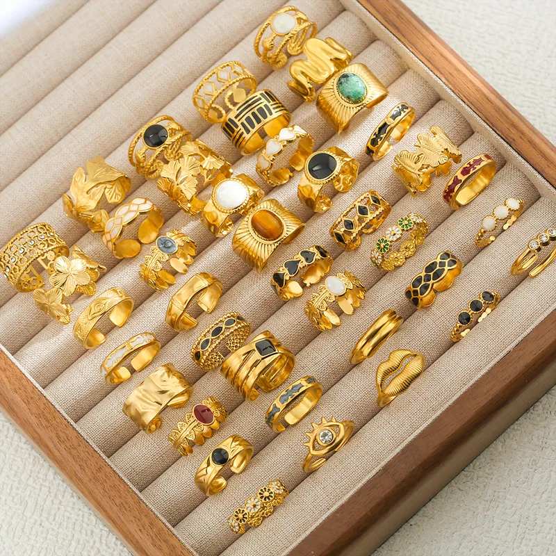 Wholesale Ion Plating (IP) 18K Gold Plated Leaves Eye Flower 304 Stainless Steel Rock Oversized Waterproof Non Tarnish Open Rings