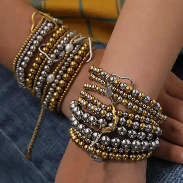 Wholesale Stainless Steel 18K Gold Plated Multi-Layer Beaded Elastic Rope Bracelet Casual Everyday Date Selfie Festival Geometric Heart Shape